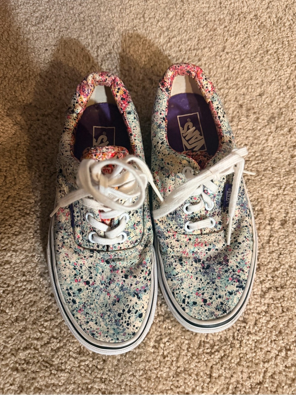Vans Women’s Splatter Canvas Lace-Up Sneakers in White with Pink and Blue